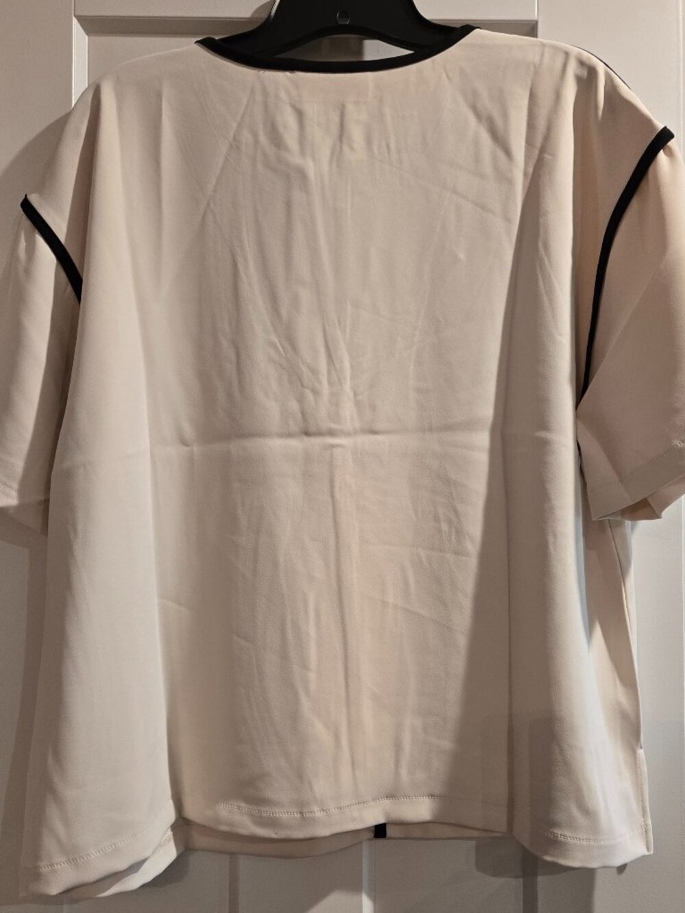 Melloday Cream Blouse Black Trim XL Women Short Sleeve Work Office Top